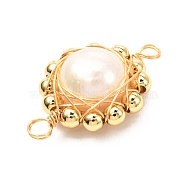 Natural Cultured Freshwater Pearl Links Connectors, with Brass Spacer Beads and  Eco-Friendly Copper Wire, Round, Golden, Bisque, 30x19x10mm, Hole: 3mm(PALLOY-JF01046)