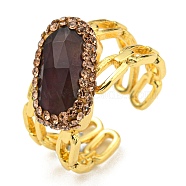 Natural Amethyst Oval Open Cuff Ring with Rhinestone, Brass Wide Ring for Women, Golden, US Size 8 1/2(18.5mm)(RJEW-D005-11G)
