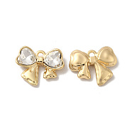 Rack Plating Alloy Charms, Nickel Free, with Glass, Bowknot with Heart Charms, Golden, Clear, 13x16.5x4mm, Hole: 1.6mm(PALLOY-O106-13G-02)