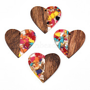 Transparent Resin & Walnut Wood Pendants, with Gold Foil, Heart Charms, Colorful, 37x39x3mm, Hole: 2mm(RESI-TAC0017-73-A07)
