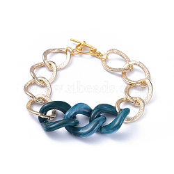 (Jewelry Parties Factory Sale), Chain Bracelets, with Aluminum Curb Chains, Acrylic Linking Rings and Alloy Toggle Clasps, Light Gold, Teal, 7-5/8 inch(19.5cm)(BJEW-JB05176-05)