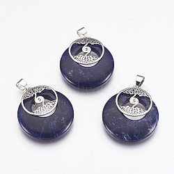 Natural Sodalite Pendants, with Platinum Tone Brass Findings, Flat Round with Tree of Life, 32x28x6mm, Hole: 4x5mm(KK-F751-B01)