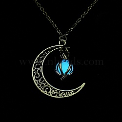 Luminous Alloy Locket Pendant Necklaces, Glow in the Dark, Moon with Pumpkin, Dodger Blue, 18.58 inch(47.2cm)(NJEW-F284-05B)