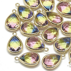 Glass Pendants, with Golden Tone Brass Findings, Faceted, teardrop, Champagne Yellow, 19x12x6mm, Hole: 1~1.5mm(GLAA-Q068-11A-04)