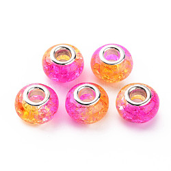 Crackle Two Tone Resin European Beads, Large Hole Beads, with Silver Tone Brass Double Cores, Rondelle, Camellia, 14x9.5mm, Hole: 5mm(RPDL-T003-06D)