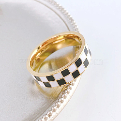 Black & White Checkerboard Stainless Steel Enamel Finger Rings, Golden, US Size 7(17.3mm)(FS-WG83B81-02)