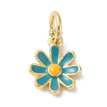 Brass Enamel Charms, with Jump Ring, Long-Lasting Plated, Lead Free & Cadmium Free, Flower Charms, Real 18K Gold Plated, Turquoise, 10x7.5x2mm, Hole: 3mm