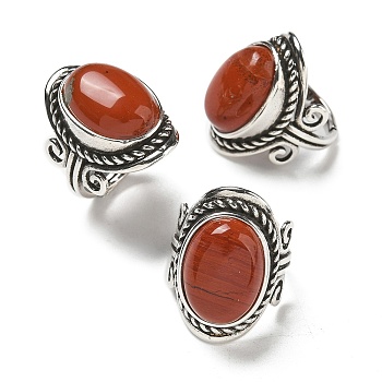 Natural Red Jasper Adjustable Rings, Lead Free & Cadmium Free, Antique Silver Plated Brass Finger Rings for Women, Oval, 27mm, Inner Diameter: 17mm