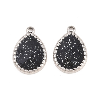 304 Stainless Steel Enamel Pendants, Teadrop Charm, Stainless Steel Color, Black, 18.5x13x3mm, Hole: 1.8mm