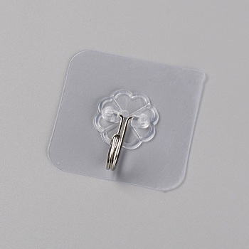 Plastic Hook Hanger, with Iron Hook, Self Adhesive Sticker, Square, Clear, 58x59x19mm