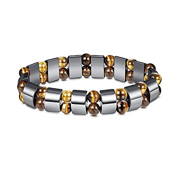 8mm Round Naturla Tiger Eye & Half Round Synthetic Non-magnetic Hematite Beaded Stretch Bracelets for Women Men