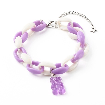 Resin Bear Charm Bracelets, with Acrylic Cable Chains and Alloy Lobster Claw Clasps, Platinum, Orchid, Inner Diameter: 2 inch(5cm)