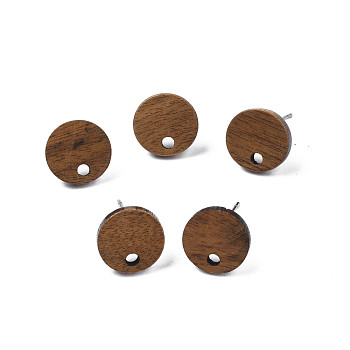 Walnut Wood Stud Earring Findings, with 316 Stainless Steel Pin and Hole, Flat Round, Tan, 10mm, Hole: 1.6mm, Pin: 0.8mm