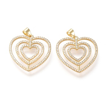 Brass Micro Pave Cubic Zirconia Pendants, Long-Lasting Plated, Heart, Clear, Real 18K Gold Plated, 26x25x2mm, Hole: 3.5x4.5mm
