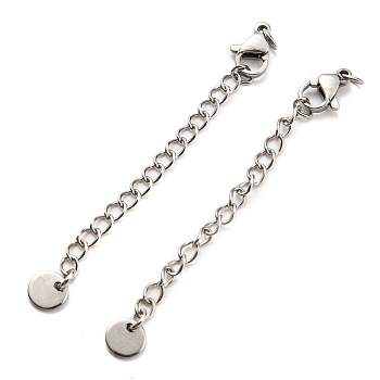 304 Stainless Steel Curb Chain Extender, End Chains with Lobster Claw Clasps and Flat Round Chain Tabs, Stainless Steel Color, 66mm