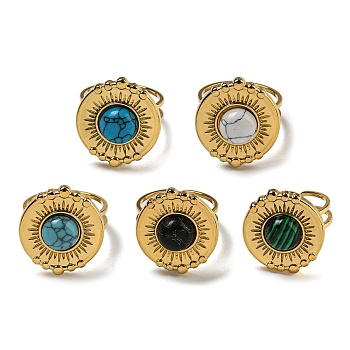 304 Stainless Steel Open Cuff Rings, Synthetic Malachite & Turquoise Flat Round Rings for Women Men, Real 18K Gold Plated, Adjustable