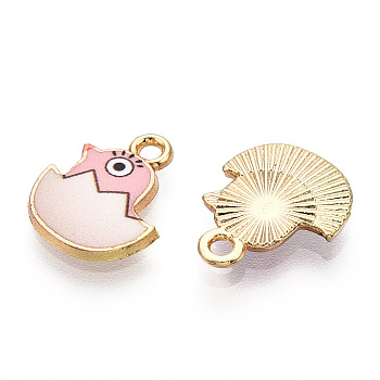 Printed Light Gold Tone Alloy Pendants, Chick in Egg Charms, Pink, 15.5x12.5x2mm, Hole: 1.6mm