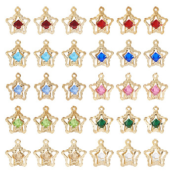 50Pcs 10 Colors Rhinestone Pendants, with Light Gold Iron Findings, Star Charms, Mixed Color, 16x14x10~11mm, Hole: 1~1.2mm, 5Pcs/color