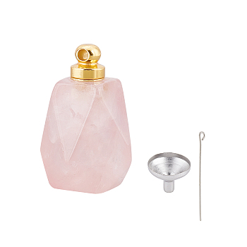 Natural Rose Quartz Perfume Bottle Pendant, with 304 Stainless Steel Mini Funnel & Eye Pins, 3pcs/set