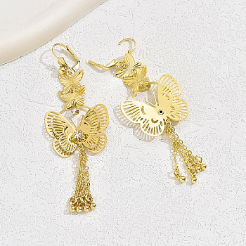 Iron Filigree Butterfly Dangle Leverback Earrings, Tassel Earrings, Real 18K Gold Plated, 85x30mm
