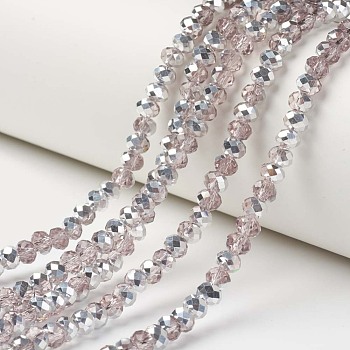 Electroplate Transparent Glass Beads Strands, Half Silver Plated, Faceted, Rondelle, Pink, 8x6mm, Hole: 1mm, about 72pcs/strand, 16.14 inch(41cm)