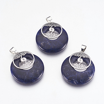 Natural Sodalite Pendants, with Platinum Tone Brass Findings, Flat Round with Tree of Life, 32x28x6mm, Hole: 4x5mm
