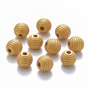 Painted Natural Wood Beehive Beads, Round, Gold, 12x11mm, Hole: 3.5mm