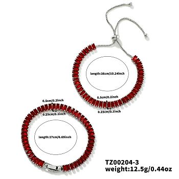 2Pcs 2 Styles Brass Cubic Zirconia Cup Chain Fashionable and Elegant Bracelets Sets, Adjustable Slider Bracelets, Platinum, Dark Red, 6-3/4~10-1/4 inch(17~26cm), 1pc/style