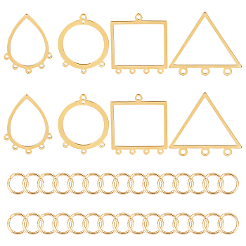 58Pcs 5 Style Vacuum Plating 201 Stainless Steel Chandelier Components Links, Laser Cut, with 304 Stainless Steel Open Jump Rings, Teardrop & Triangle & Ring & Rectangle, Golden, 58pcs/box