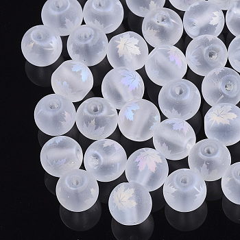 Autumn Theme Electroplate Transparent Glass Beads, Frosted, Round with Maple Leaf Pattern, Clear AB, 8~8.5mm, Hole: 1.5mm