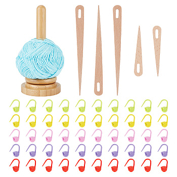1 Set Wooden Big Eye Knitting Needles, 50Pcs 5 Colors ABS Plastic Knitting Crochet Locking Stitch Markers Holder, 1 Set Rotatable Wooden Yarn Spinner, Mixed Color, 22~110x11~84.5x3~182mm, Hole: 20x6~7mm
