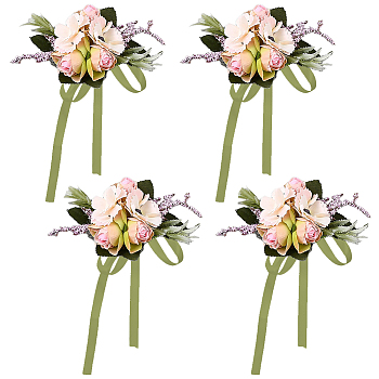 4Pcs Silk Cloth Imitation Rose Wrist Corsages, with Silk Ribbon, for Wedding, Party Decorations, Hot Pink, 725x10mm