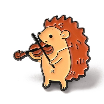 Alloy Enamel Brooches, Enamel Pin, Hedgehog with Violin, Bisque, 28x28x11mm