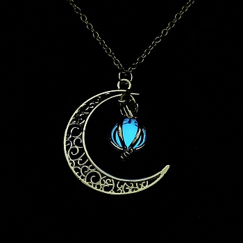 Luminous Alloy Locket Pendant Necklaces, Glow in the Dark, Moon with Pumpkin, Dodger Blue, 18.58 inch(47.2cm)