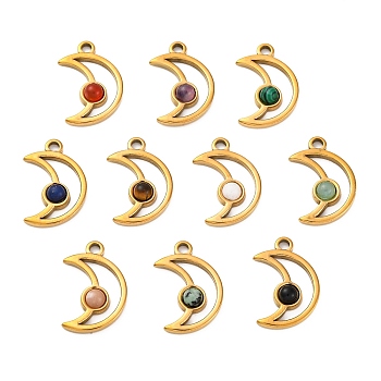 Natural Mixed Stone Pendants, Ion Plating(IP) 304 Stainless Steel Crescent Moon Charms, Real 18K Gold Plated, Mixed Dyed and Undyed, 20x13.5x3.5mm, Hole: 2mm
