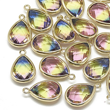 Glass Pendants, with Golden Tone Brass Findings, Faceted, teardrop, Champagne Yellow, 19x12x6mm, Hole: 1~1.5mm