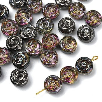 30Pcs Electroplate Glass Beads, Half Plated, Flat Round with Rose Flower, Black Plated, 10x4mm, Hole: 0.9mm