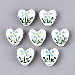 Handmade Porcelain Ceramic Beads, Hand Painted, Heart with Flower Pattern, Famille Rose Style, Green, 15x15x7mm, Hole: 3mm(PORC-T134-28C)