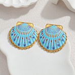 304 Stainless Steel & Enamel Stud Earrings, Shell Shape, Golden, Light Sky Blue, 44x44mm(EJEW-T054-01G)