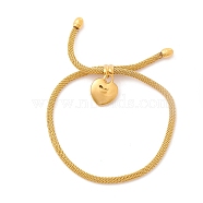 Vacuum Plating 304 Stainless Steel Heart Charm Slider Bracelet with Round Mesh Chain for Women, Golden, Inner Diameter: 3/8~3-1/8 inch(0.9~7.9cm)(BJEW-C013-03G)