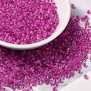 12/0 Transparent Glass Seed Beads, Inside Colours, Round Hole, Round, Magenta, 1.5~2mm, Hole: 1mm, about 450g/bag(SEED-F003-03C-06)