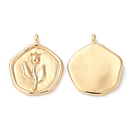 Brass Pendants, Nickel Free, Polygon with Flower Charm, Real 18K Gold Plated, 19.5x16.5x2mm, Hole: 1.2mm(KK-C028-18G)