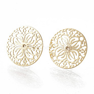 Brass Ear Studs, Flat Round with Flower, Real 18K Gold Plated, 15mm, Pin: 0.6mm.(X-KK-S345-273G)