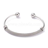 304 Stainless Steel Torque Bangles, Mesh Bangles, with Round Immovable Beads, Stainless Steel Color, 2-1/2x1-7/8 inch(6.3x4.8cm)(BJEW-O182-01P)