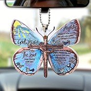 Colorful Butterfly Faith Jesus Cross Acrylic Pendant Decoration, for Car Rear View Mirror Hanging Ornament, 294mm, Pendant: 67x80x4mm(RJEW-E007-03P-10)