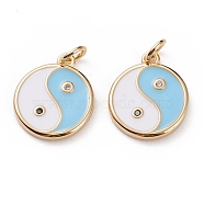 Brass Micro Pave Clear Cubic Zirconia Pendants, with Enamel & Jump Rings, Flat Round with Yin Yang, Golden, Light Sky Blue, 15x12.5x2mm, Jump Ring: 5x1mm, 3mm Inner Diameter(X-KK-C100-16G-03)