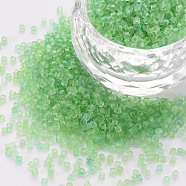 Glass Cylinder Beads, Seed Beads, Transparent Frosted Colours, Round Hole, Light Green, 1.5~2x1~2mm, Hole: 0.8mm, about 8000pcs/bag, about 1pound/bag(SEED-S047-H-002)