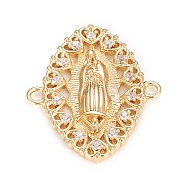 Brass Micro Pave Clear Cubic Zirconia Links Connectors, Long-Lasting Plated, for Religion, Oval with Virgin Mary & Heart, Clear, Real 18K Gold Plated, 22x19x2mm, Hole: 1.5mm(KK-O126-30G)