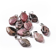 Natural Rhodonite Pendants, Hamsa Hand Charms, with Platinum Plated Alloy Snap on Bails, 24~24.5x15x7mm, Hole: 5.5x3mm(G-B041-03P-11)