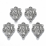Alloy Chandelier Component Links, 3 Loop Connectors, for Religion, Cadmium Free & Lead Free, Oval with Virgin Mary & Words, Antique Silver, 29x20x3mm, Hole: 1.8mm and 1mm(X-TIBE-N011-002AS-RS)